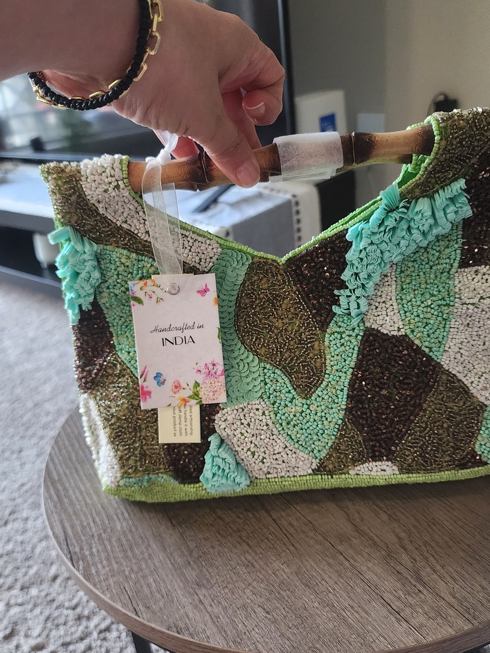 Handcrafted Beaded Green Mosaic Clutch with Bamboo Handle